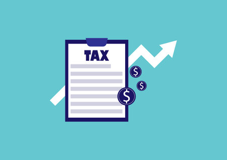 Business and financial concept. Tax form, upper arrow graph, and coin on a blue background.のイラスト素材
