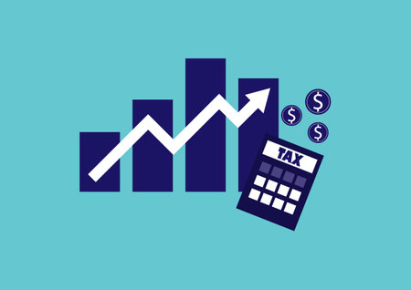 Business and financial concept. Graph, upper arrow, coin, and calculator on a blue background.のイラスト素材