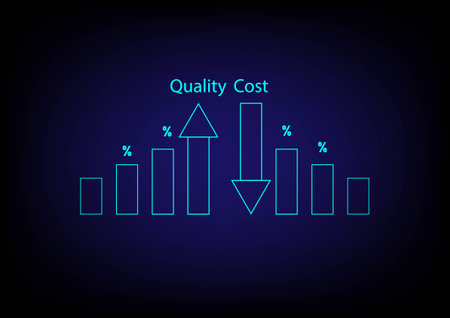 Business and financial concept. Bar graph with an upper and lower arrow to show low cost and high quality on black background.のイラスト素材
