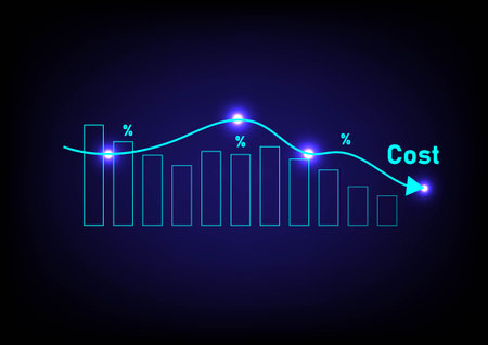 Business and financial concept. Bar graph with a drop-down arrow to show low cost on black background.のイラスト素材