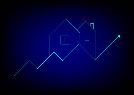 Real estate investment concept. The glowing and neon light of the home with an upper arrow graph on a dark blue background. Property growth and profit for the future.のイラスト素材