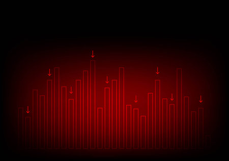 Economic critical crisis concept. The drop down arrow  and bar chart on black background. Recession financial, cryptocurrency, gold, and the stock market. Losing money and cash. Bearish.のイラスト素材