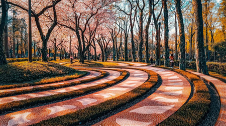 Stone path way in the park with a small and large trees. Generative AI.の素材