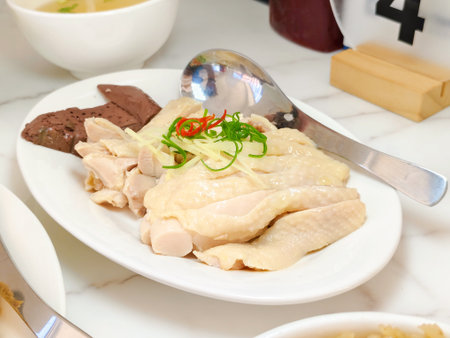 Chicken boiled sliced in a white dish. High protein. Delicious food.の写真素材