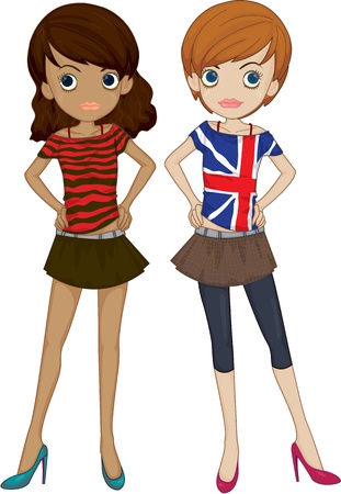 Illustration of Two Girls on white backgroundのイラスト素材