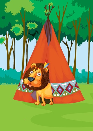Illustration of lion stalking camping areaのイラスト素材