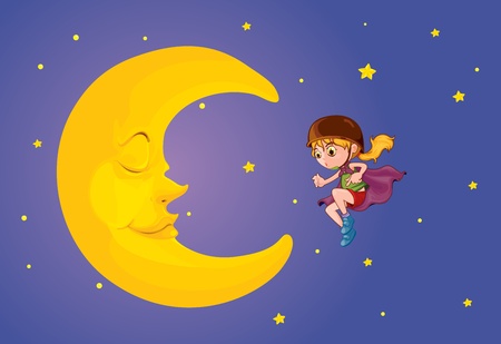 Illustration of girl and moonの写真素材