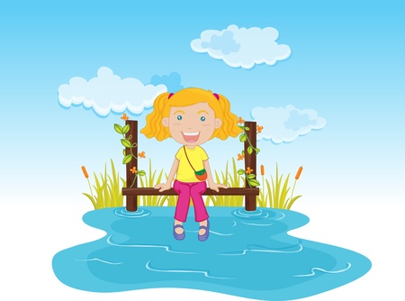 illustration of girl with sitting on bridgeのイラスト素材