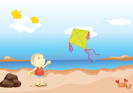 Boy flying a kite near the waterのイラスト素材