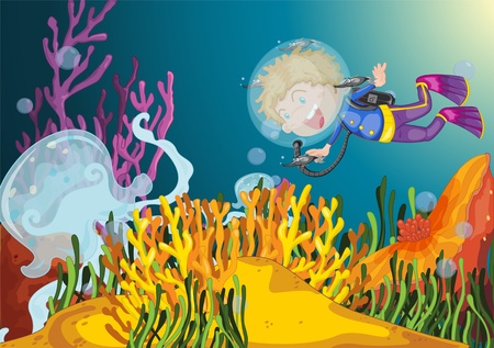Boy diving observes huge jellyfishのイラスト素材