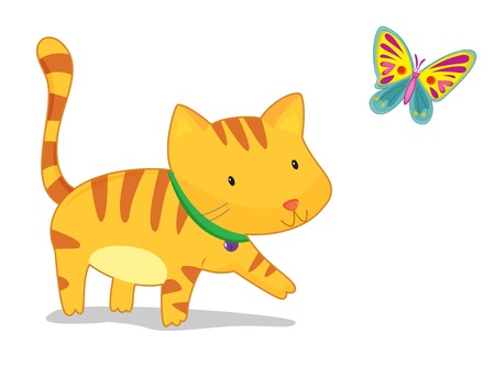 illustration of a cat and butterfly on whiteのイラスト素材