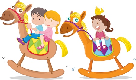 Illustration of kids playing on toy-horseのイラスト素材