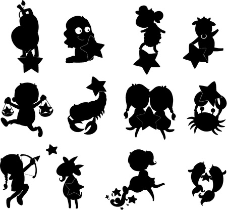 illustration of images of shadows of different sunsignsのイラスト素材