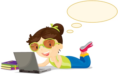 Girl in glasses working at computerのイラスト素材