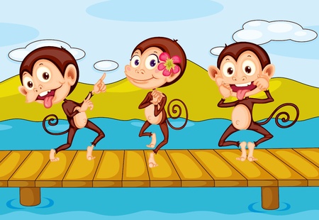 illustration of 3 monkeys dancing on a pierのイラスト素材