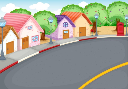 Cartoon style neighbourhood next to roadのイラスト素材