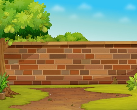 Illustration of a brick wall in a gardenのイラスト素材