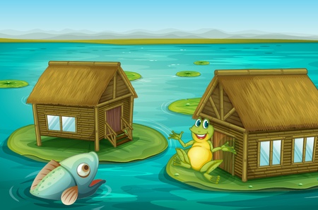 Illustraton of cabins on the water with a frog and a fishのイラスト素材