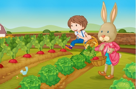 Boy and a rabbit picking raddishesのイラスト素材