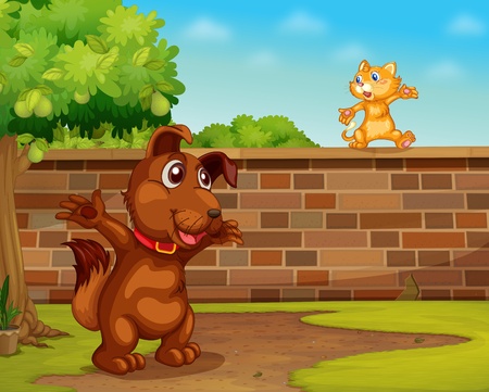 Illustration of a dog and cat playing のイラスト素材