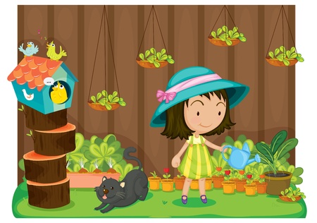 Illustration of a girl watering plants