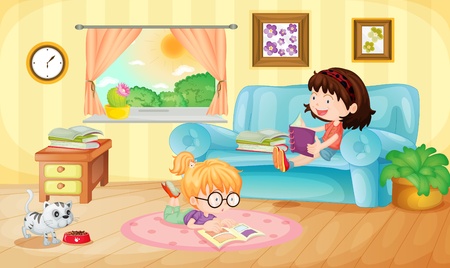 Illustration of girls reading at homeのイラスト素材