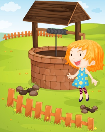Illustration of a girl at a wellのイラスト素材