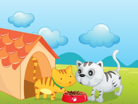 Illustration of two cute kittens eatingのイラスト素材