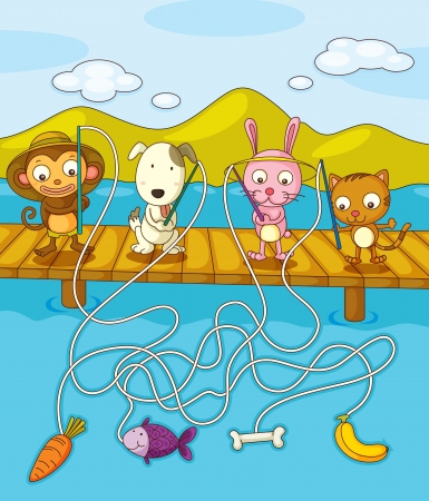 Illustration of animals fishing on pierのイラスト素材