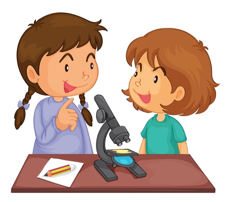 Illustration of 2 girls using a microscopeのイラスト素材