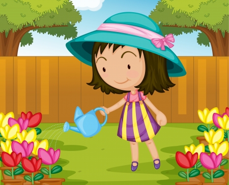 Illustration of girl watering plantsのイラスト素材