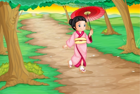 Illustration of a geisha walking down a pathのイラスト素材