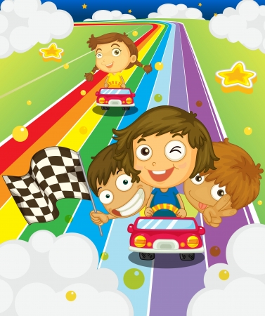 Illustration of kids racing on a rainbowのイラスト素材