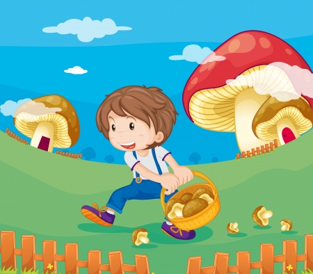 Illustration of a boy with mushroomsのイラスト素材