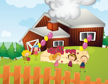 Illustration of kids having a party on a farmのイラスト素材