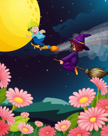 illustration of a boy and witch flying in the nightのイラスト素材