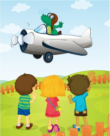 illustration of kids watching crocodile flying planeのイラスト素材