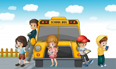 illustration of kids standing outside school bus