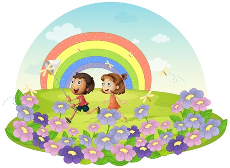 Illustration of kids in a field chasing insectsのイラスト素材