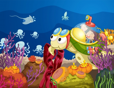 illustration of sea turtle carrying kids in waterのイラスト素材