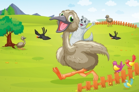 illustration of ostrich running on green lawnのイラスト素材
