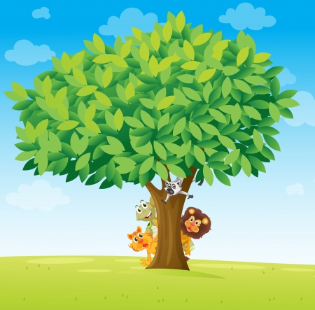 illustration of animals under the tree on whiteのイラスト素材