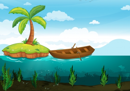 illustration of a plam tree and rowboat on a white backgroundのイラスト素材