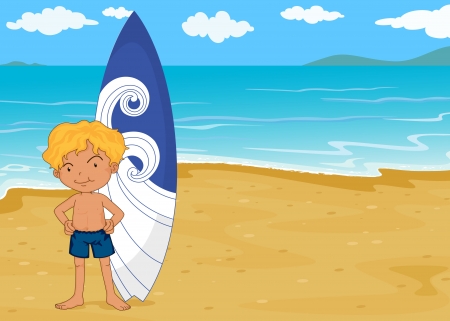illustration of a boy with surf pad on a sea shoreのイラスト素材