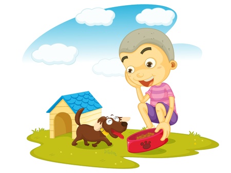 illustration of a boy serving food to dog on whiteのイラスト素材