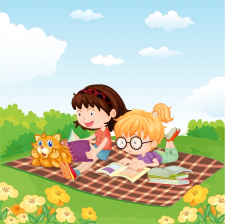 illustration of girls reading book in the gardenのイラスト素材