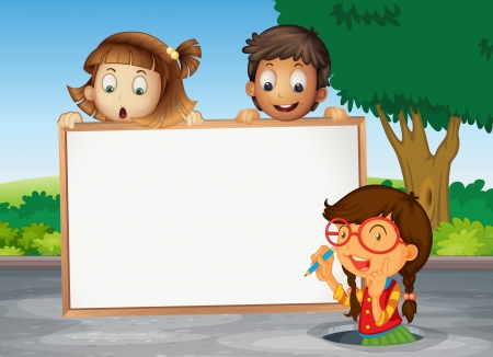 illustration of kids and white board on the roadのイラスト素材