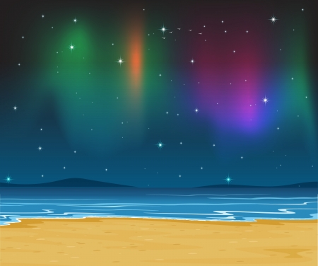 illustration of sea shore and stars in night skyのイラスト素材