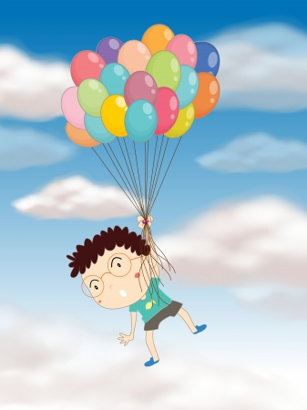 illustration of a boy playing with balloons in the skyのイラスト素材