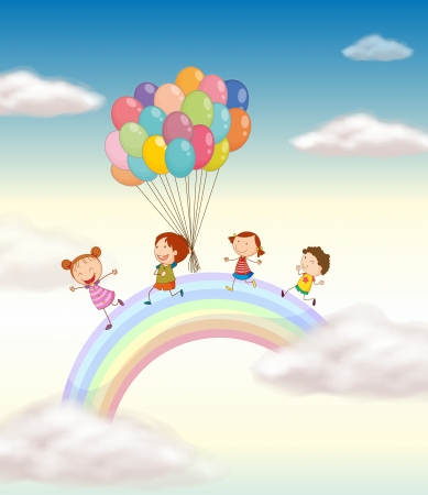 illustration of a kids playing with balloons in the skyのイラスト素材